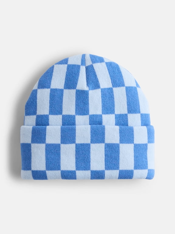 Women's Ribbed Knit Checkered Beanie