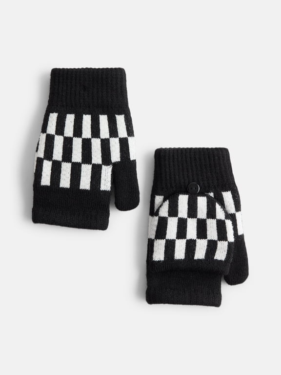 Women's Ribbed Knit Checkered Pop Top Mittens