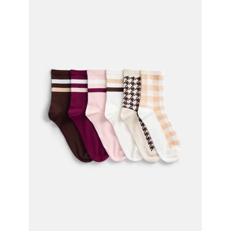 No Boundaries Women's Ribbed Mid Crew Socks with Scallop Edge, 6 Pack, Shoe Sizes 4-10
