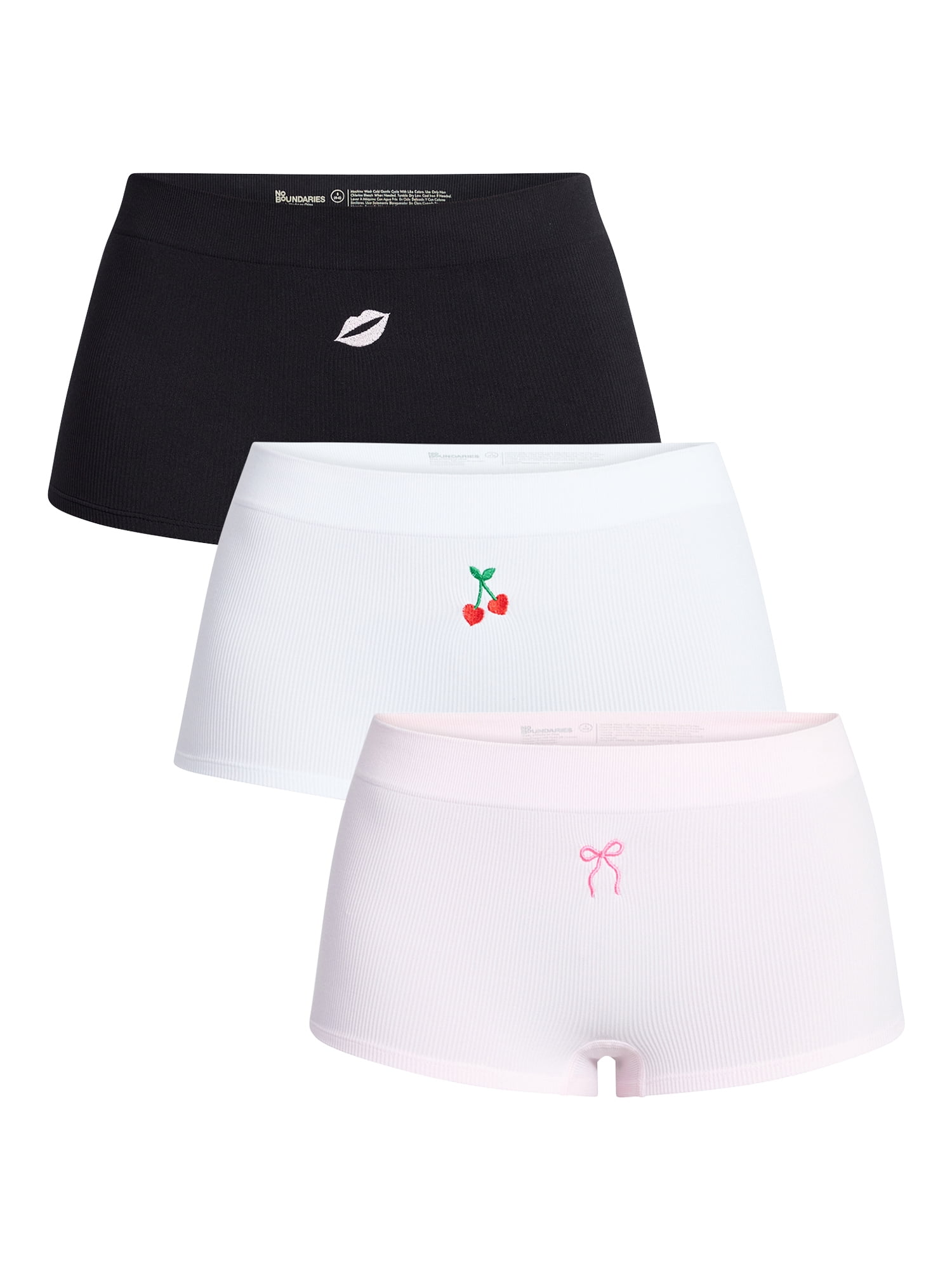No Boundaries Seamless Ribbed Boyshort Panties, 3-Pack, Women's, Sizes XS-XXXL