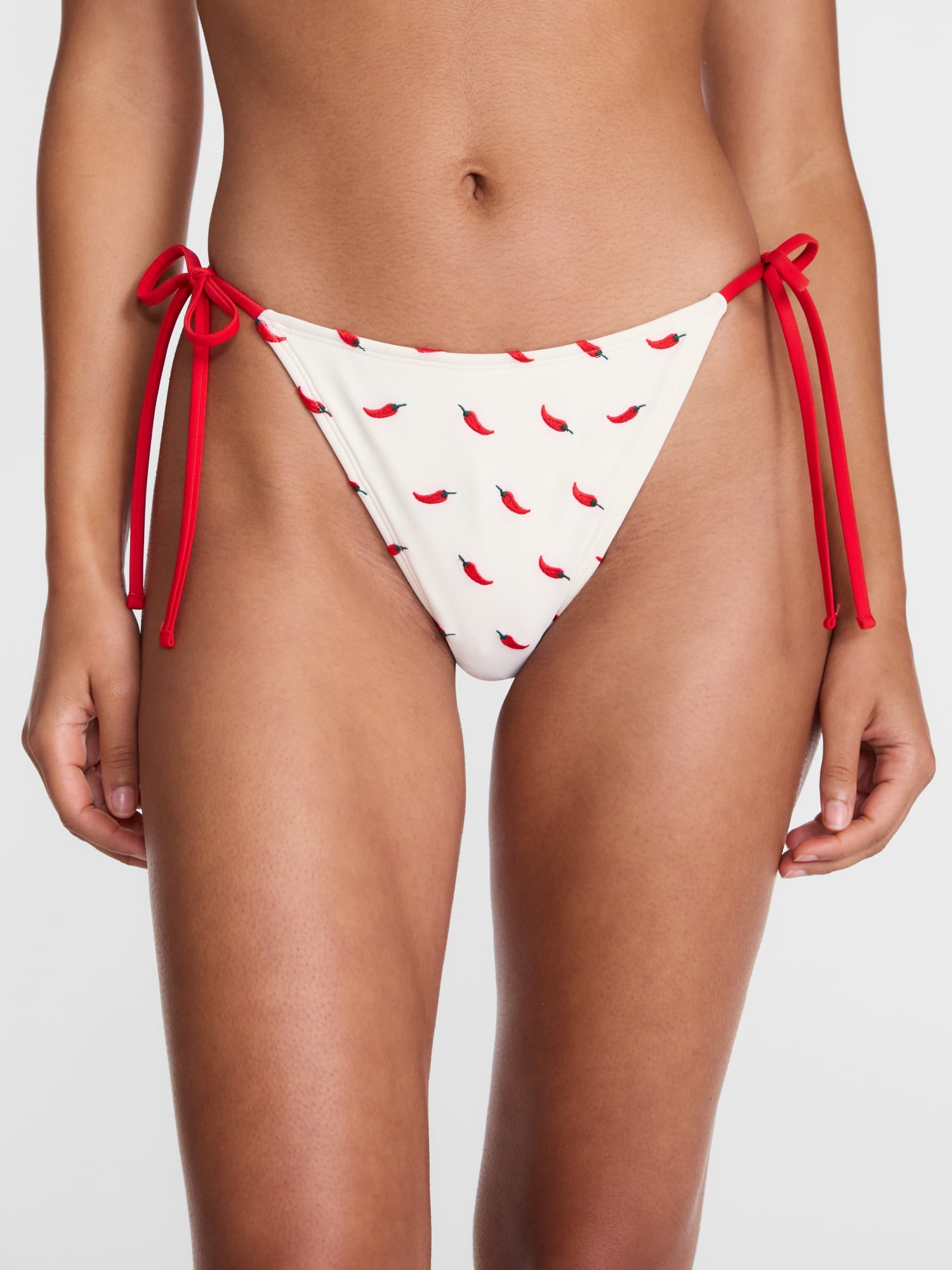 No Boundaries Chili Pepper Print Side Tie Bikini Swim Bottoms, Women's XXS-XXL