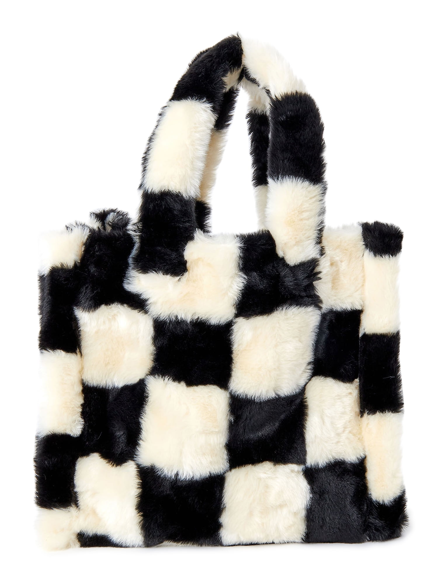 No Boundaries Womens Square Sherpa Tote Bag Black White Checker - Large