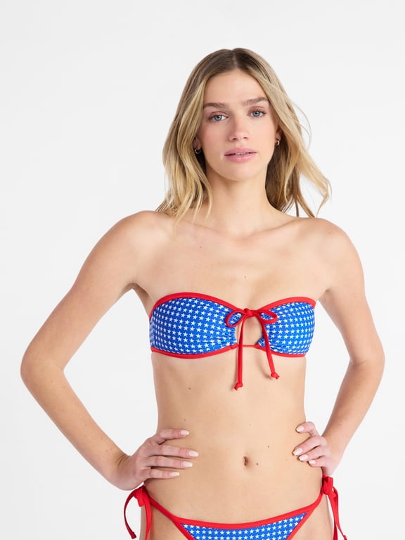 Stars and Stripes Reversible Bandeau Tie Front Swim Top, Women's XXS-XXL