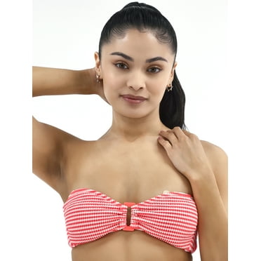 No Boundaries Women's Striped Crinkle Bandeau Swim Top, Sizes XXS-XXL