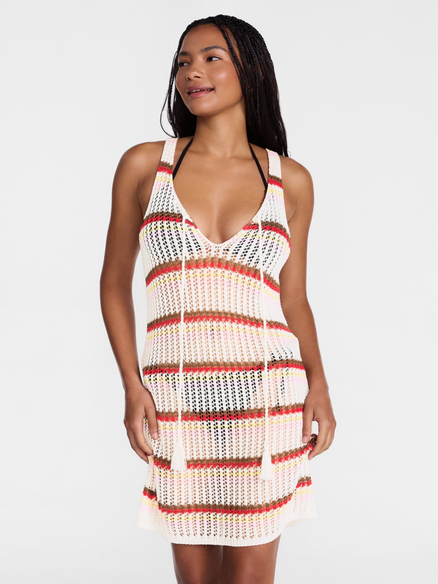 No Boundaries Striped Crochet Coverup Dress, Women’s XXS-XXL