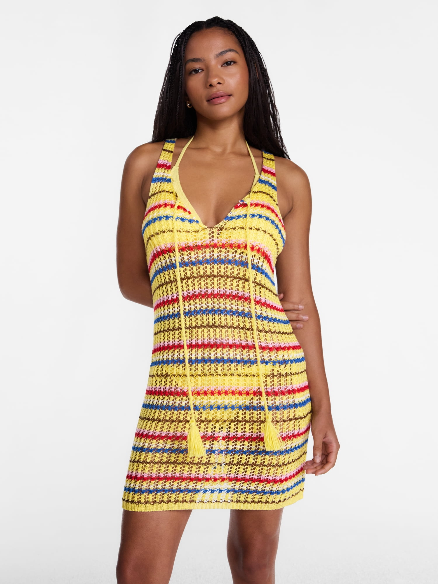No Boundaries Striped Crochet Coverup Dress, Women’s XXS-XXL