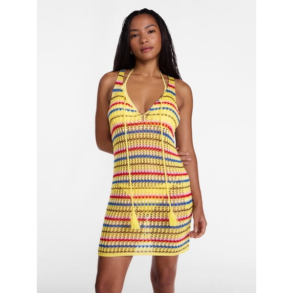 No Boundaries Striped Crochet Coverup Dress, Women’s XXS-XXL