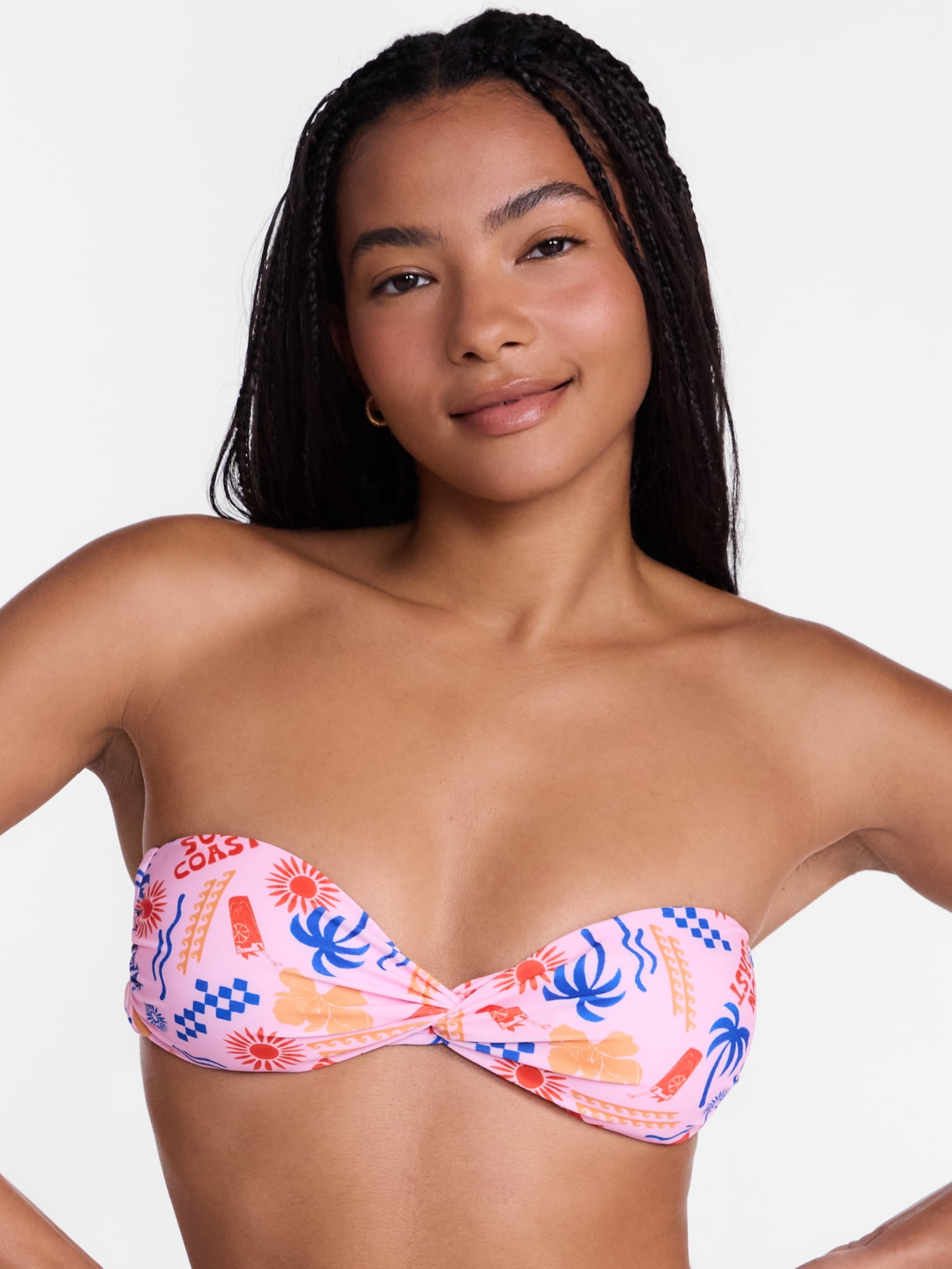 No Boundaries Coastal Print Twist Front Bikini Swim Top, Women's XXS-XXL