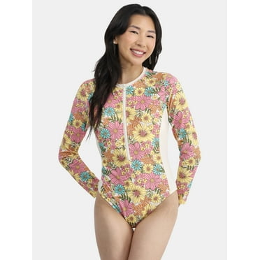 No Boundaries Women's Surf One Piece Swimsuit with Long Sleeves, Sizes XXS-XL