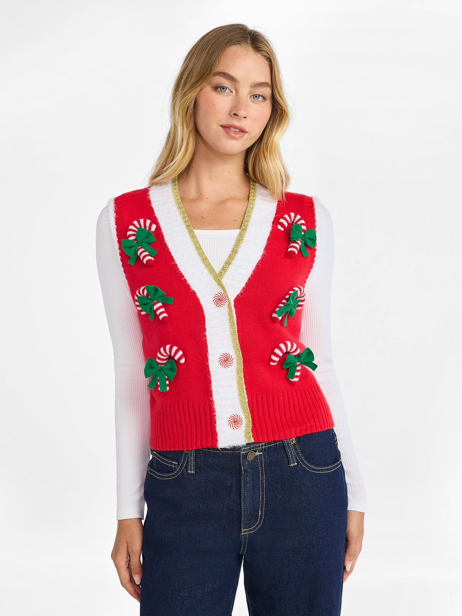 No Boundaries V-Neck Button Front Christmas Vest, Women’s