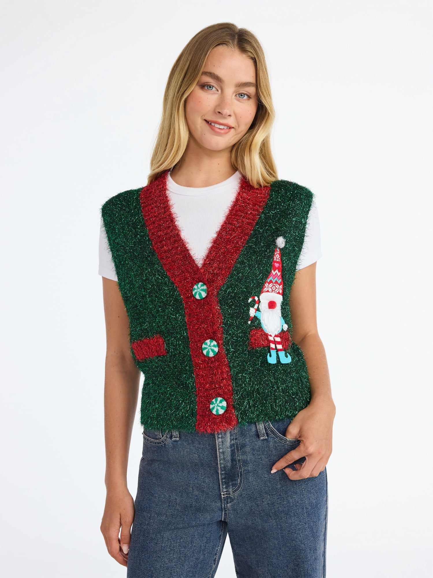 No Boundaries V-Neck Button Front Christmas Vest, Women’s