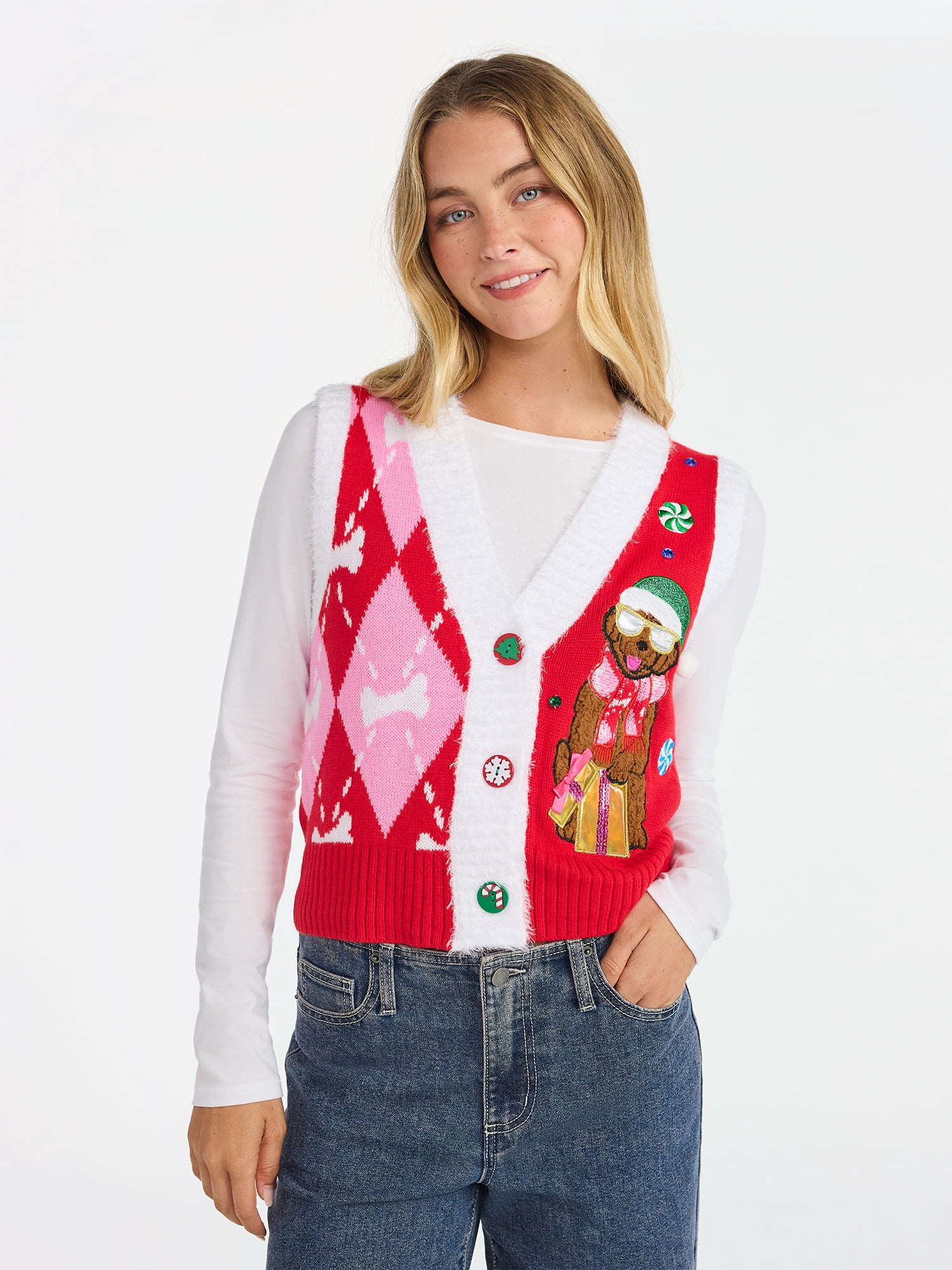 No Boundaries V-Neck Button Front Christmas Vest, Women’s