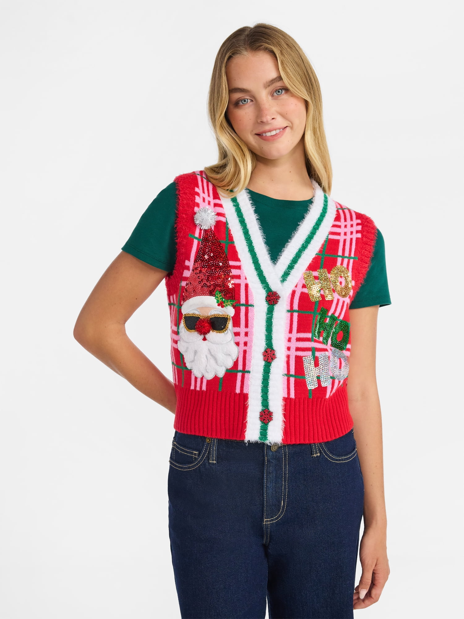 No Boundaries V-Neck Button Front Christmas Vest, Women’s