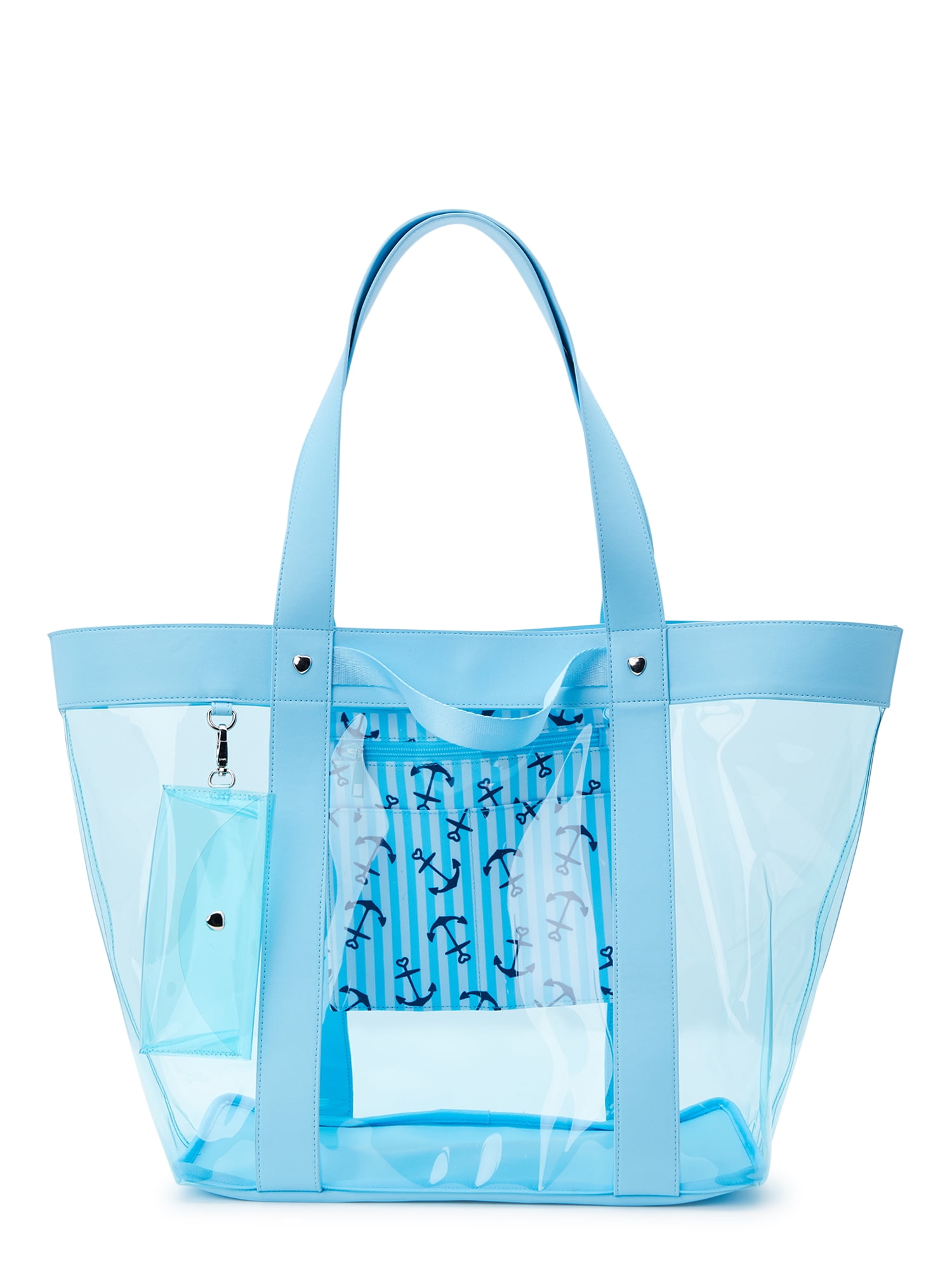 No Boundaries Women's Vinyl Beach Tote with Removable Glasses Case, Blue 