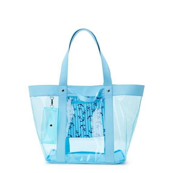 No Boundaries Women's Vinyl Beach Tote with Removable Glasses Case, Blue