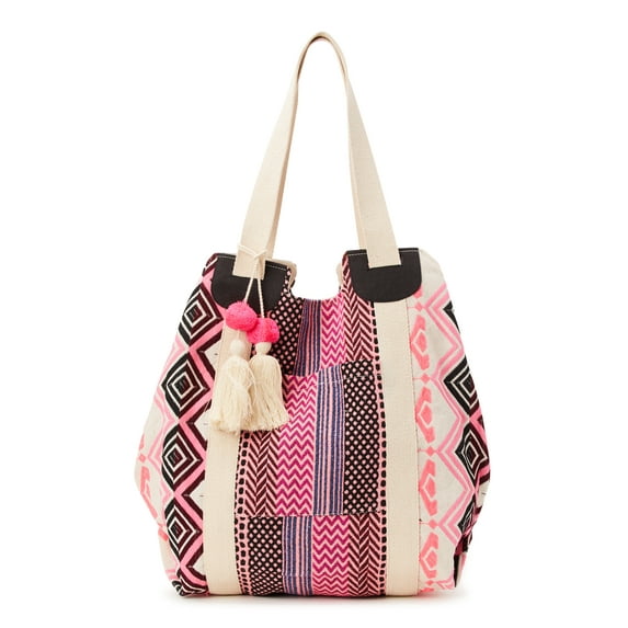 No Boundaries Women's Woven Beach Tote Handbag, Pink