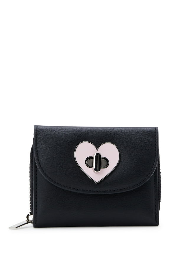 Women's Zip Around Turn Lock Flap Wallet, Black