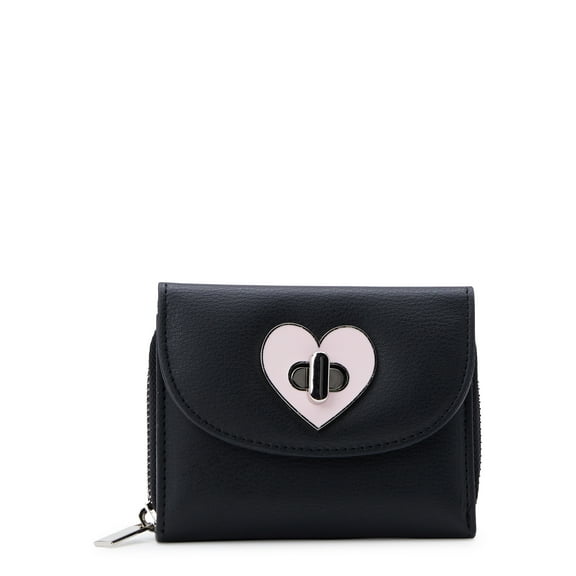 No Boundaries Women's Zip Around Turn Lock Flap Wallet, Black