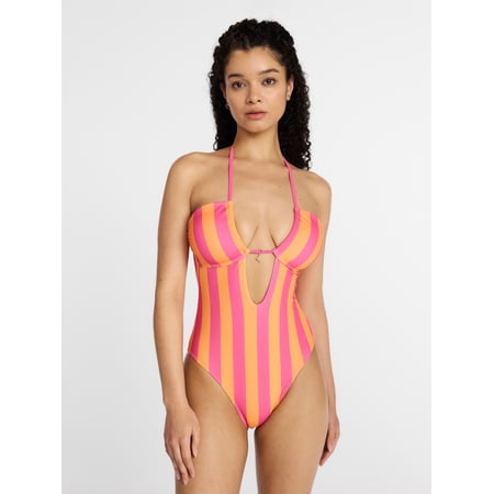 No Boundaries Halter Cutout One Piece Swimsuit, Women's XXS-XXL