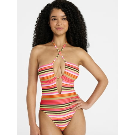 No Boundaries Keyhole Halter One-Piece Swimsuit, Women’s XXS-XXL