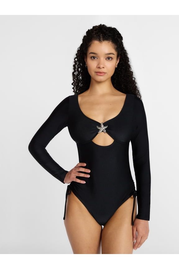 Cut Out One Piece Swimsuit with Long Sleeves, Women's XXS-XXL