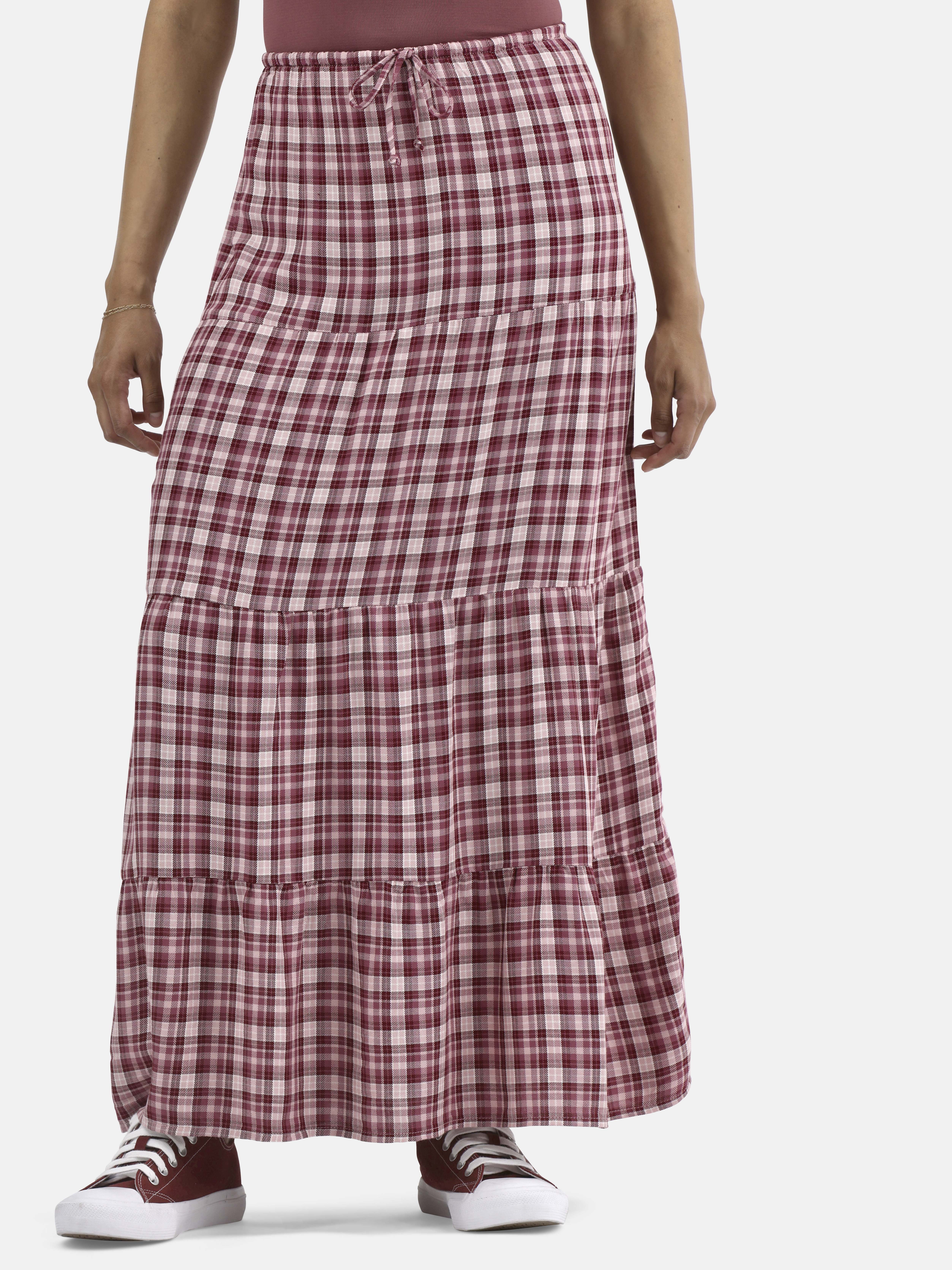 No Boundaries Woven Plaid Tiered Maxi Skirt, Women's