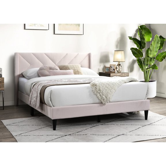 No Box Spring Design | Light Pink Velvet Queen Bed for Bedroom Simplicity