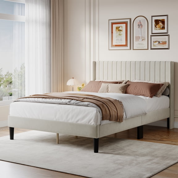 No Box Spring Needed Bed Frame, Fabric Wingback Headboard Platform Bed for Twin Full Queen, 500 lbs Capacity, Solid Wood Base with Under-Bed Storage