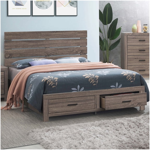 No Box Spring Needed Eastern King Bed, Wood Storage Platform Bed with Drawers in Oak Finish
