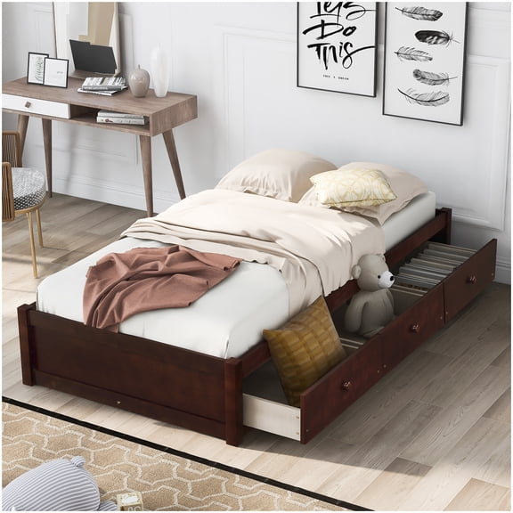 No Box Spring Needed Twin Bed Frame with Storage Drawers, Solid Wood Platform Bed, 10-Slat Support System, Cherry Finish for Small Spaces