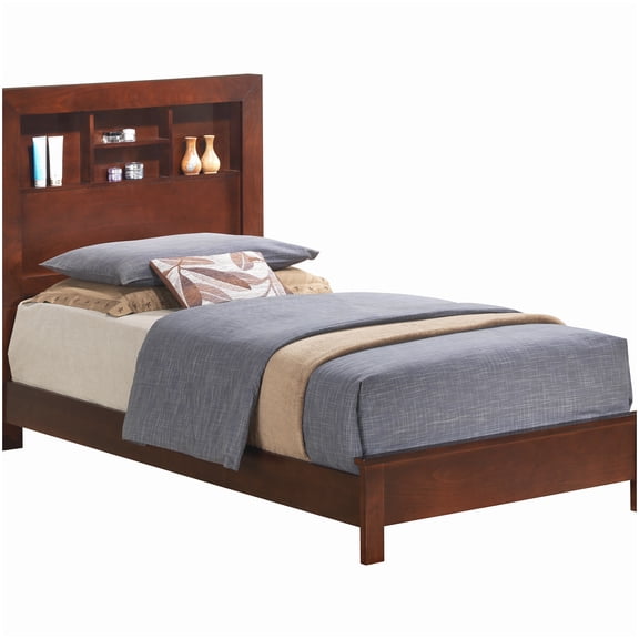 No Box Spring Needed Twin Platform Bed, Wood Frame with Headboard in Cherry Finish, Space Efficient Design