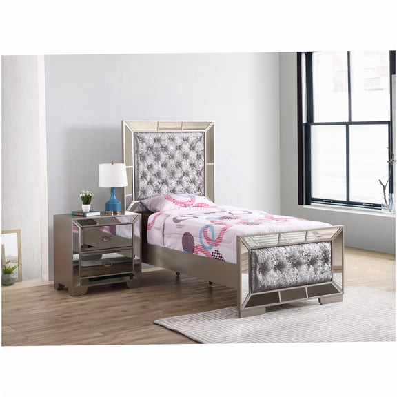 No Box Spring Platform Bed Frame, Twin Size, Modern Headboard, Champagne Silver Finish, Strong Support, Easy to Assemble