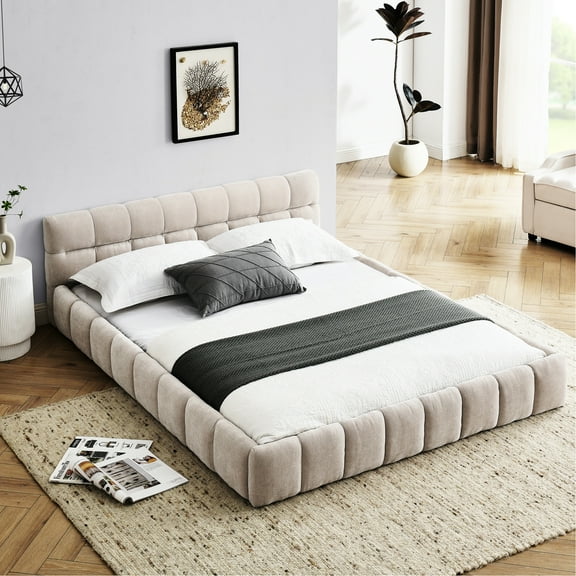 No Box Spring Queen Size Bed In Beige With Chenille Fabric And Solid Build Platform Upholstery, Headboard, Construction, Spring,