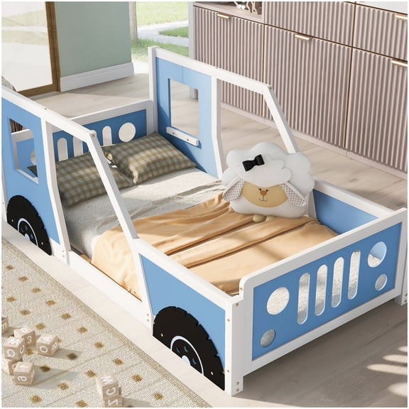 No Box Spring Race Car Bed Frame, Twin Size Platform with Wheels in Blue, Wood Construction
