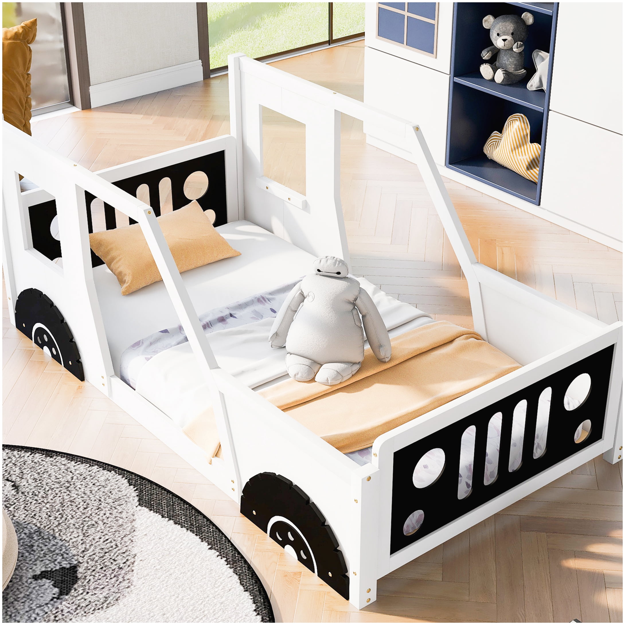 No Box Spring Race Car Bed Frame Twin Size, White Wood Platform with Decorative Wheels