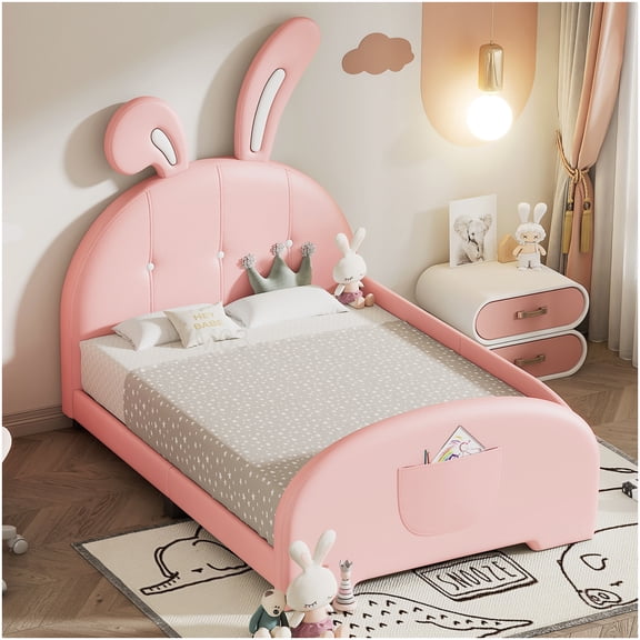 No Box Spring Twin Bed Frame, Pink Rabbit Themed Upholstered Platform with Headboard