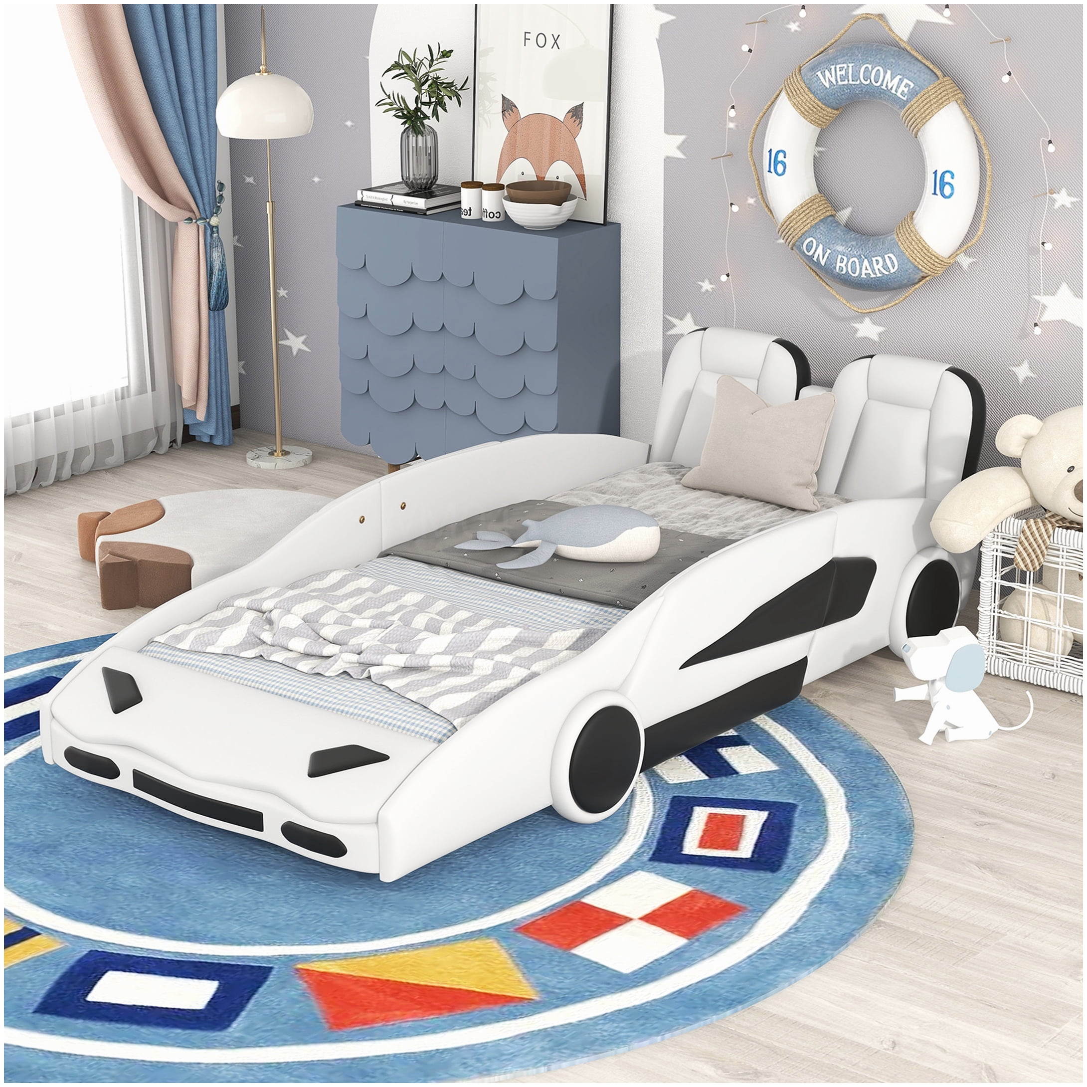 No Box Spring Twin Bed Frame, White Race Car Themed Platform Bed with Safety Rails and Wood Slats