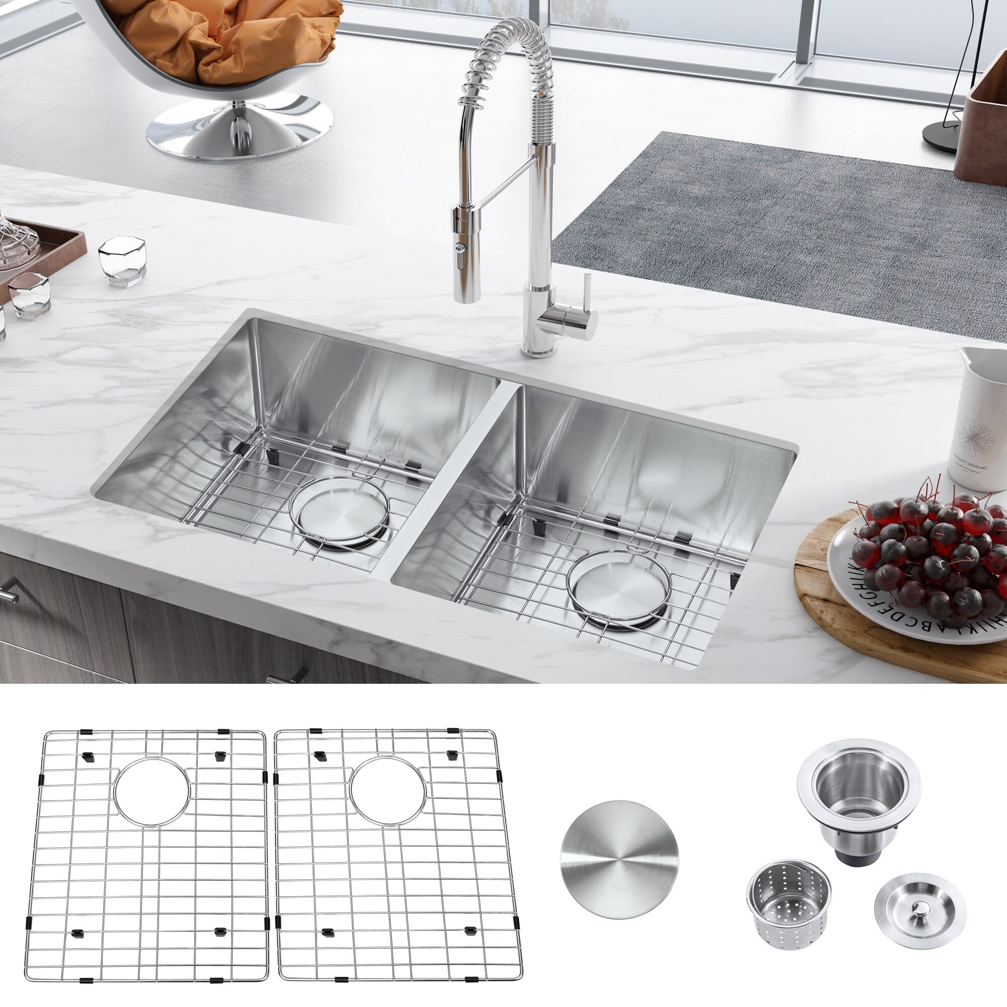 32" Stainless Steel Double Bowl Undermount Kitchen Sink
