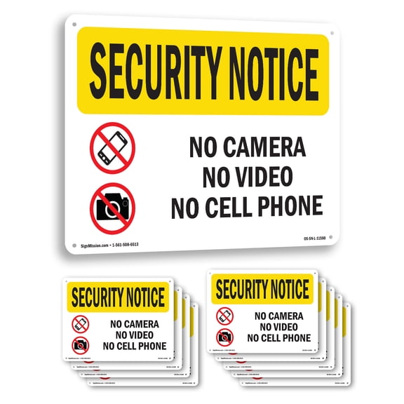 No Camera No Video No Cell Phone OSHA Security Notice Aluminum Sign 18 Inch x 12 Inch - 10 Pack