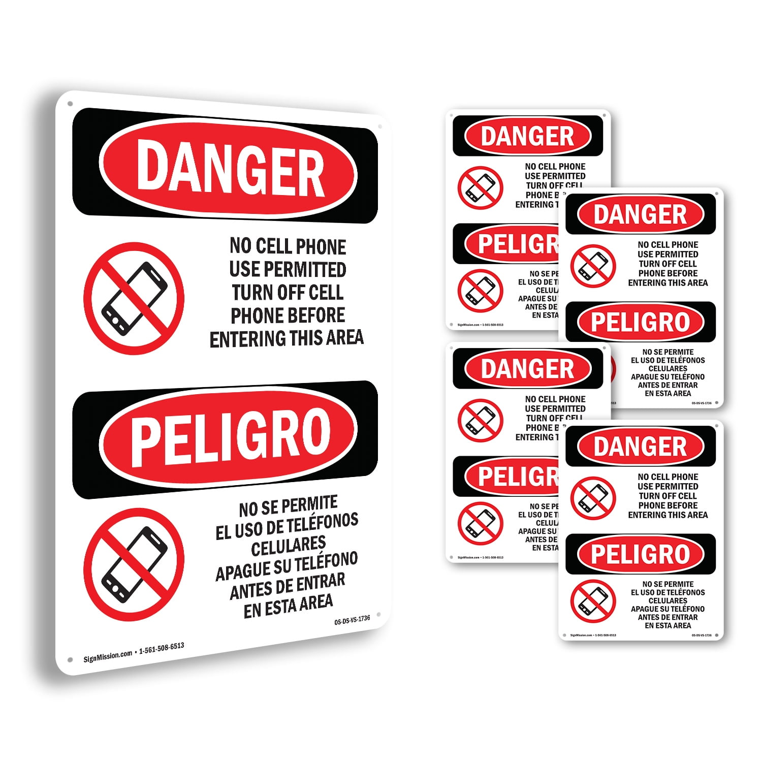 No Cell Phone Use In Area Bilingual OSHA Danger Rigid Plastic Sign 10 ...