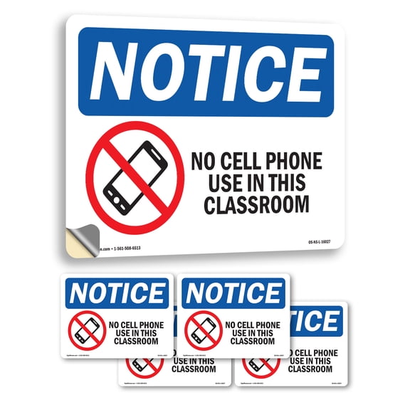 No Cell Phone Use In This Classroom OSHA Notice Vinyl Decal Label 10 Inch x 7 Inch - 5 Pack