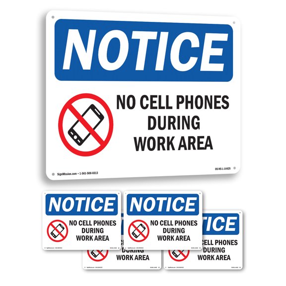 No Cell Phones During Work Hours OSHA Notice Aluminum Sign 24 Inch x 18 Inch - 5 Pack