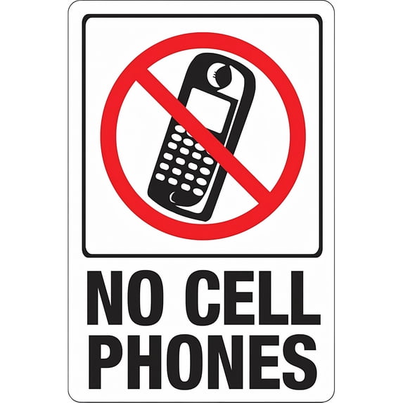 No Cell Phones Warning Sign - 8"x12" White Aluminum Sign, Waterproof Fade Scratch Resistant, Equipment Safety Signage