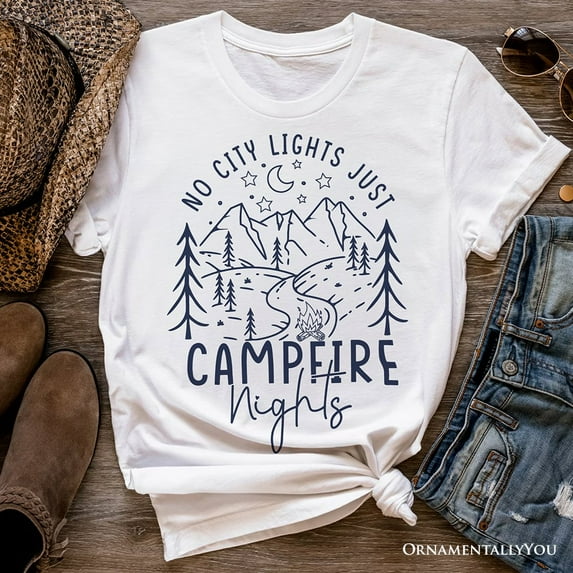 No City Lights Just Campfire Nights T-Shirt, White and Natural Camping Tee for Stargazing Campers