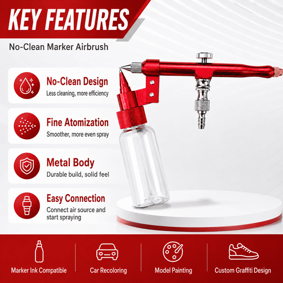 No-Clean Marker Airbrush, Red Metal Spray Pen with Side Clear Bottle, External Air Source Fine Spray Tool for DIY Airbrushing, Model Painting, Shoe Customizing and Craft Spraying