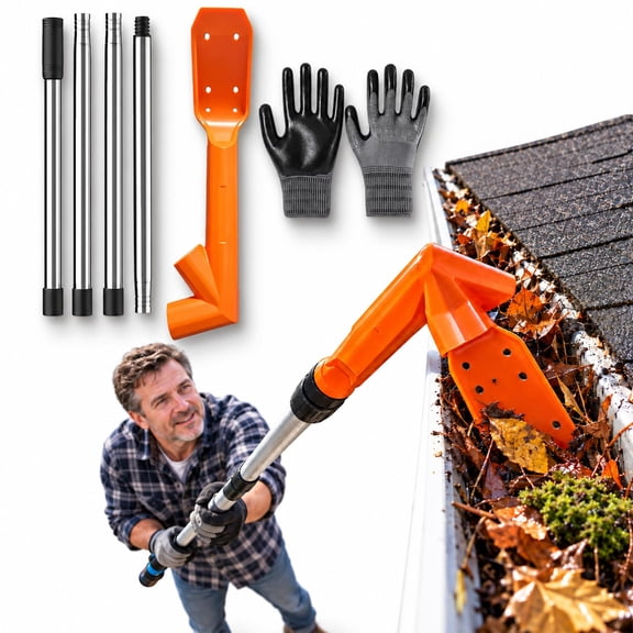No-Climb Gutter Cleaning Tool, Adjustable Long-Reach Rain Gutter Cleaning Brush, Gutter Rake for Rain Guard Cleaning and Leaf Removal from Gutters Guard