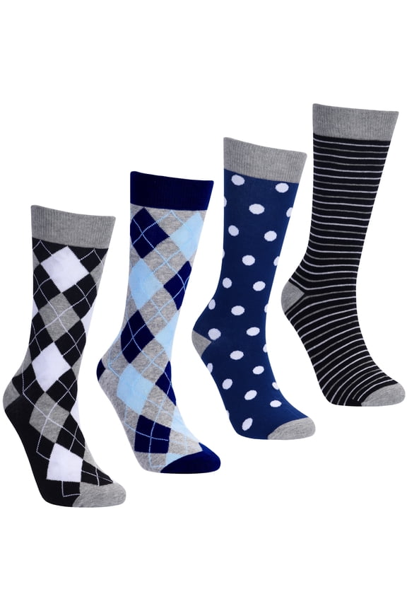 Fun Colorful Novelty Dress Socks for Men, 4 Pairs of Blue and Black Socks, Men's Size 8-13, Crew Socks