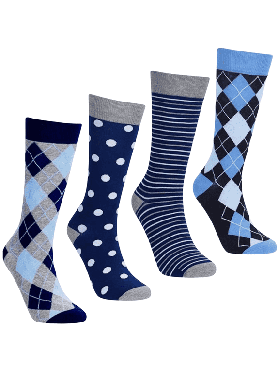 Fun Colorful Novelty Dress Socks for Men, 4 Pairs of Blue and Black Socks, Men's Size 8-13, Crew Socks