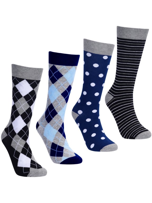 Fun Colorful Novelty Dress Socks for Men, 4 Pairs of Blue and Black Socks, Men's Size 8-13, Crew Socks