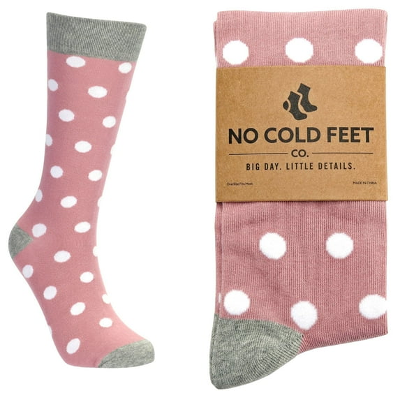 No Cold Feet Fun Colorful Novelty Dress Socks for Men, Dusty Rose with White Polka Dots, Men's Size 8-13, Crew Socks